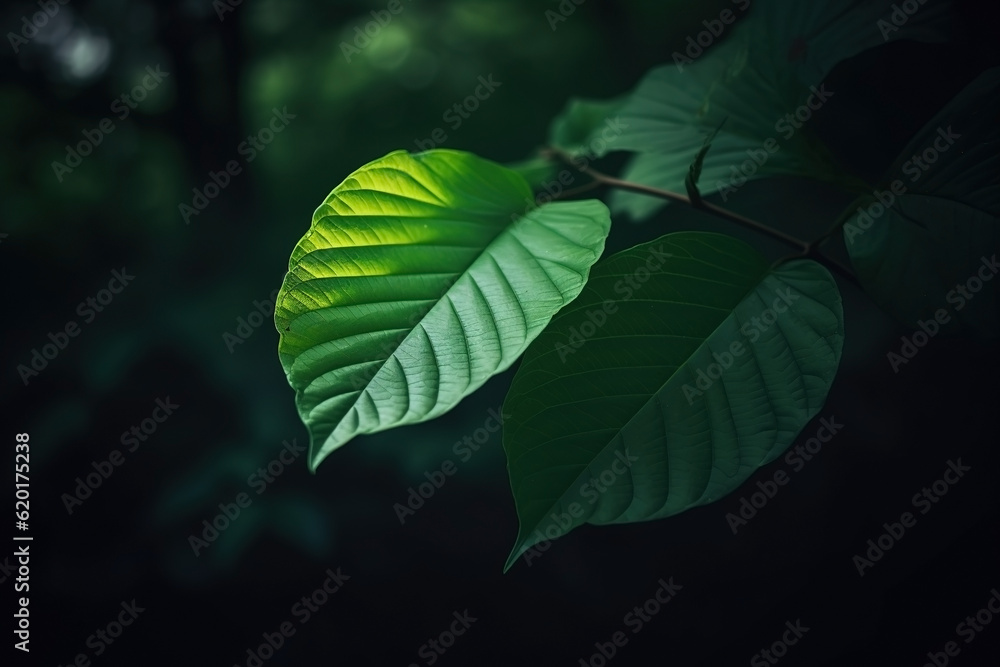 Dark moody green leaves summer background. Ai generated