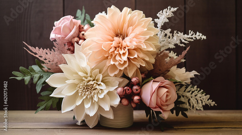 Dusty pink and ivory beige rose pale hydrangea peony. 
