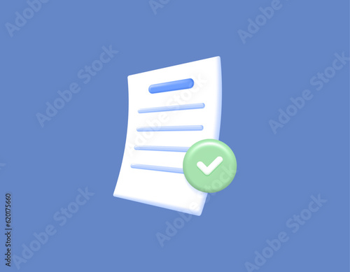file or document is accepted and valid. Verified, passed, correct, approved. assignments and exams. a piece of paper and a tick. symbols or icons. 3D concept design and realistic. vector elements