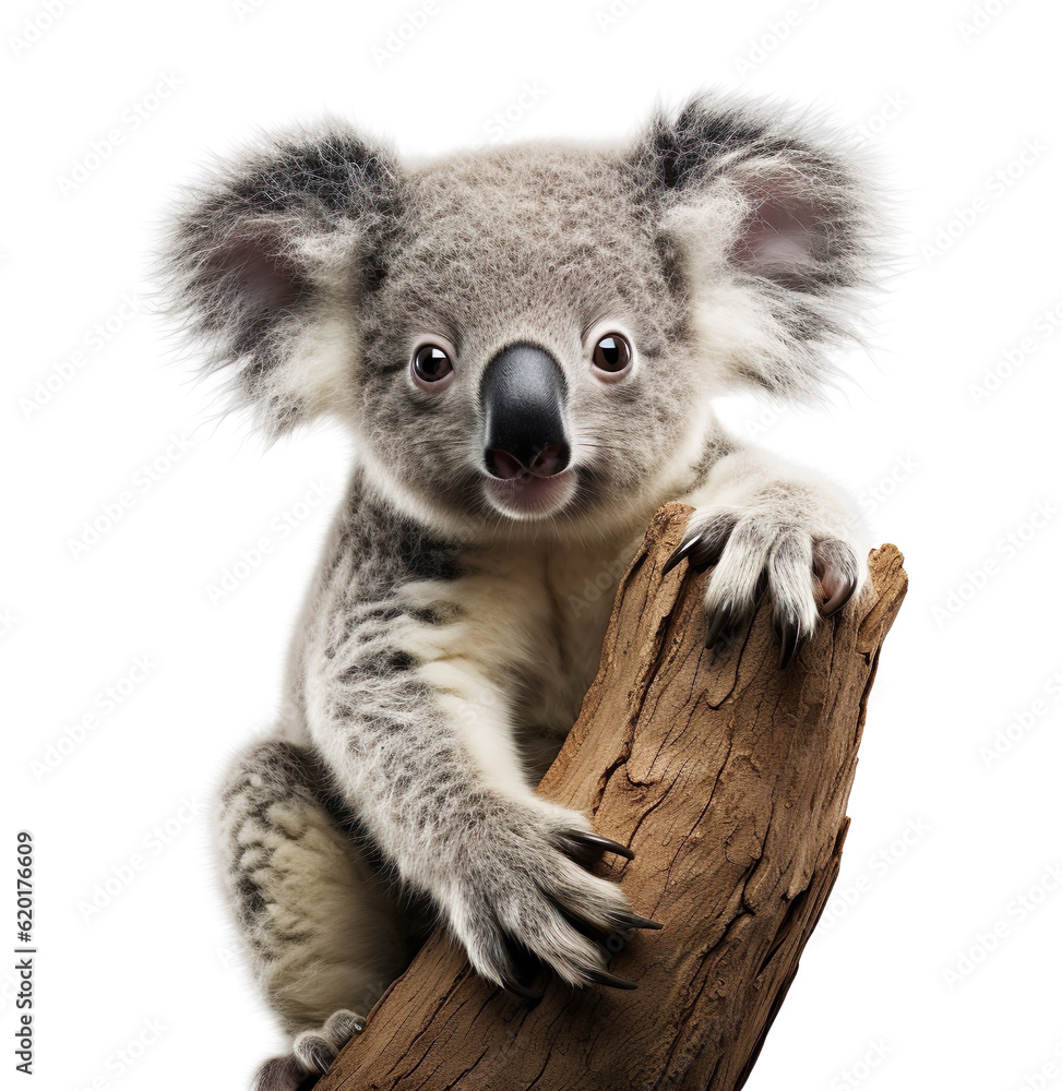 Naklejka premium Cute little koala baby bear realistic photo generative AI illustration isolated on white background. Lovely baby animals concept