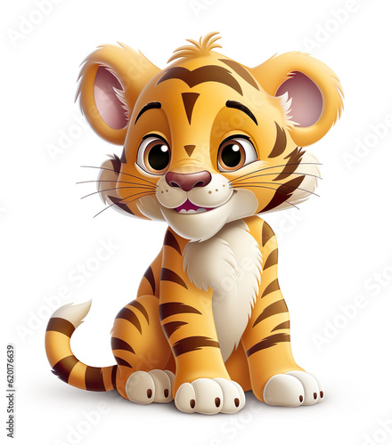 Cute little baby tiger cub cartoon character drawing generative AI illustration isolated on white background. Lovely baby animals concept