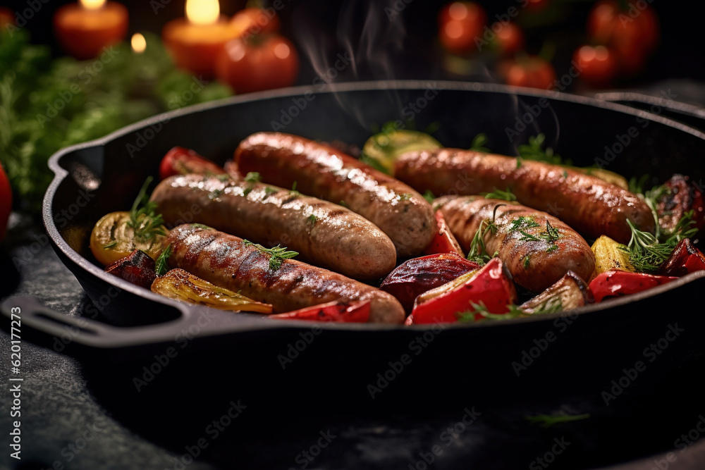 English-style hot dog with pan-fried sauce mixed with vegetables and tomatoes. Appetizing. English-style hot dog with pan-fried sauce mixed with vegetables and tomatoes. Appetizing.