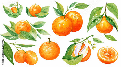 Mandarin fruits flowers leaves watercolor illustration on white background 