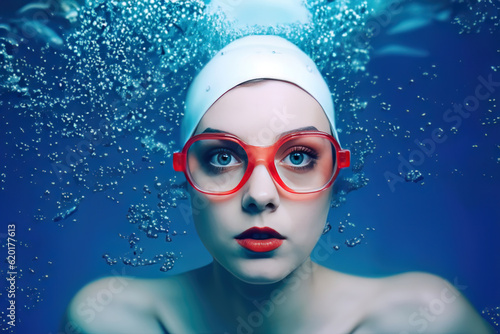 Young woman with red swimming goggles underwater 