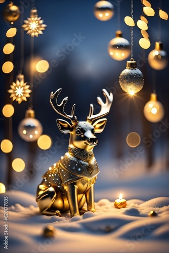 photo christmas gold deer stand on the snow with christmas decoration made with Generative AI © riko_design