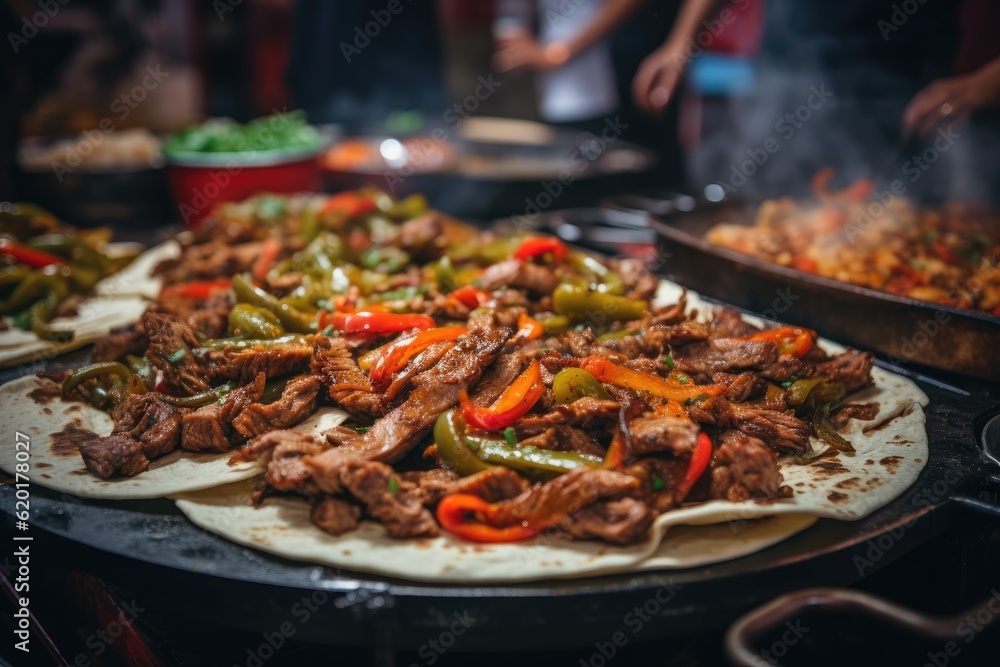close up shot of fajitas with tortilla on the table. mexican food. Generative AI close up shot of fajitas with tortilla on the table. mexican food. Generative AI