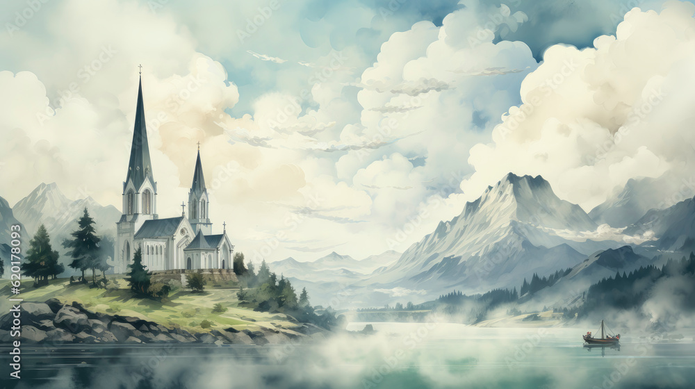 Fototapeta premium Colorful painting of a church nearby a lake with beautiful mountains in the background.