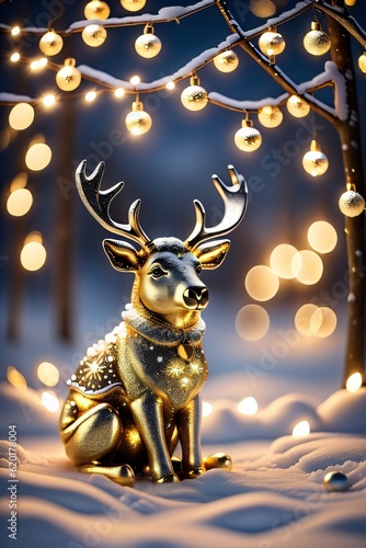 photo christmas gold deer stand on the snow with christmas decoration made with Generative AI © riko_design