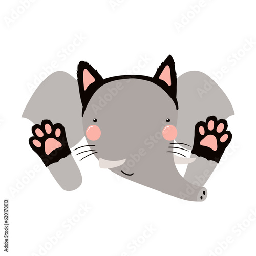 Cute funny elephant in black cat Halloween costume character illustration. Hand drawn cartoon animal, Scandinavian style flat design, isolated vector. Kids print element, trick or treat, party