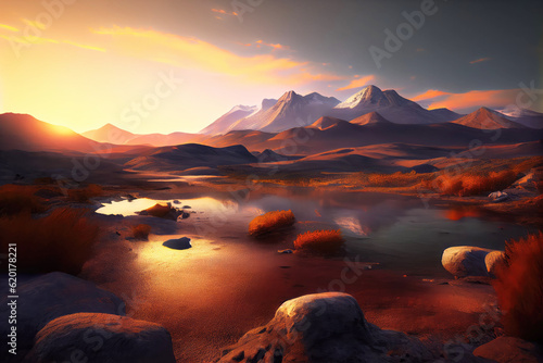 Chile landscape with mountains and lake. Generative AI Art. Beautiful view.