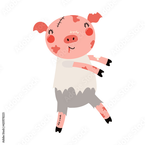 Cute funny pig in zombie Halloween costume character illustration. Hand drawn cartoon animal, Scandinavian style flat design, isolated vector. Kids print element, trick or treat, party