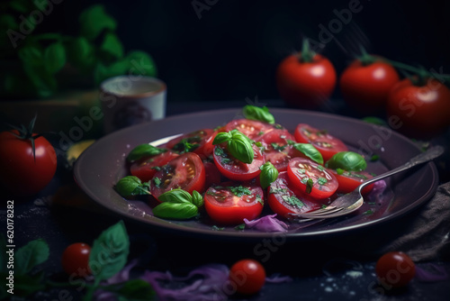Healthy Tomato Salad In a serving plate with vegetables to look beautiful and appetizing