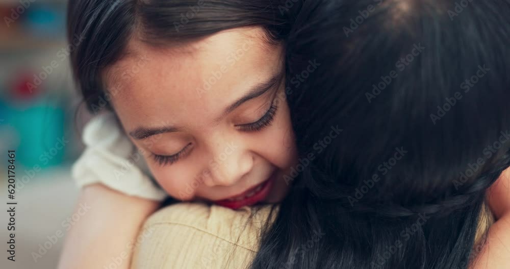 Hug, girl and home with love, mother and happy with youth and parent care. House, family living room and mom with a young child in a lounge together with a smile and embrace with mama and kid Hug, girl and home with love, mother and happy with youth and parent care. House, family living room and mom with a young child in a lounge together with a smile and embrace with mama and kid