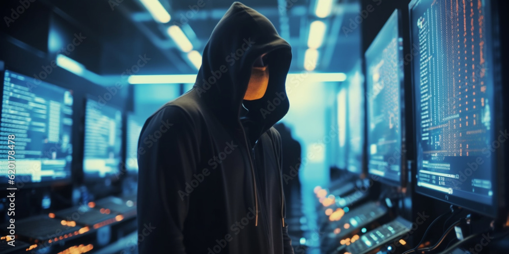 Hacker in the black hood in the server room. Unrecognizable people Hacker in the black hood in the server room. Unrecognizable people