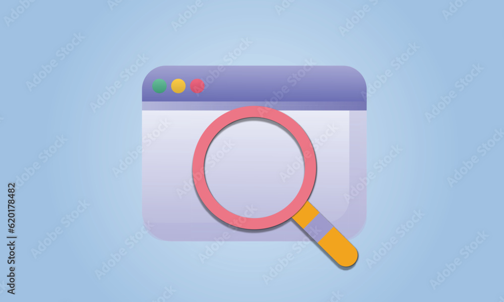 Magnifying glass icon cartoon style with computer window Online browser search concept.on blue background.Vector Design Illustration. Magnifying glass icon cartoon style with computer window Online browser search concept.on blue background.Vector Design Illustration.