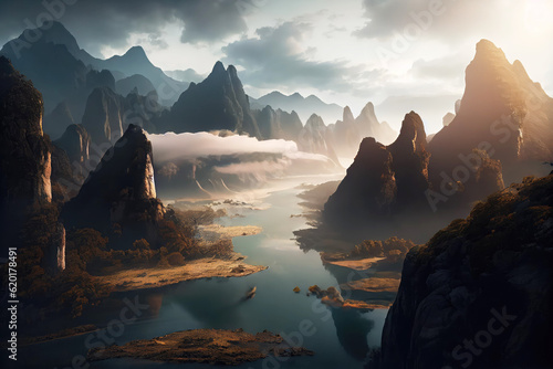 China landscape with mountains and lake. Generative AI Art. Beautiful view.