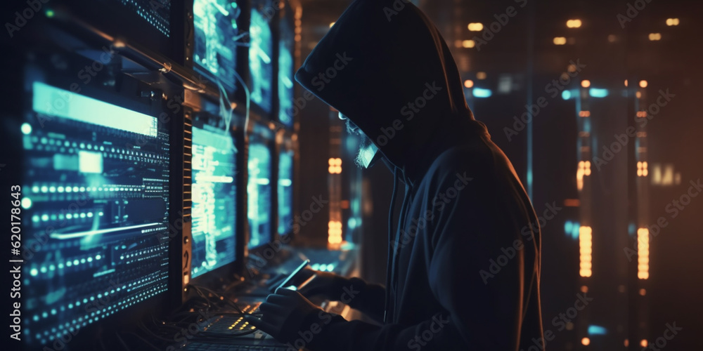 Hacker in the black hood in the server room. Unrecognizable people Hacker in the black hood in the server room. Unrecognizable people
