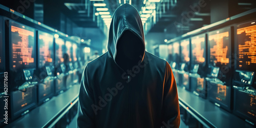 Hacker in the black hood in the server room. Unrecognizable people