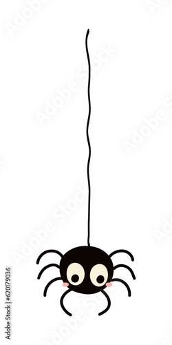 Cute funny spider hanging on thread Halloween cartoon character illustration. Hand drawn kawaii style flat design, isolated vector. Kids seasonal print element, trick or treat, autumn holiday party