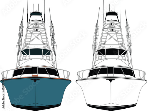 Front view fishing boat vector line art illustration t-shirt and printable on various materials.