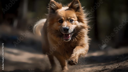 Playful and full of energy, this action shot captures the dog mid-jump or mid-run.  Get ready for an adrenaline rush as they leap into excitement. © Sheepy-Kun