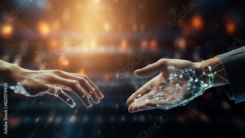 Ai Generated hands reaching for each other  High Tech theme 