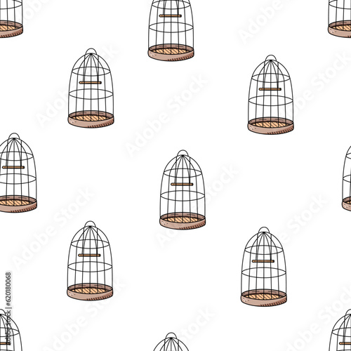 Seamless Pattern cage for a parrot or domestic birds. Vector doodle illustration of a cage for keeping birds in the house.