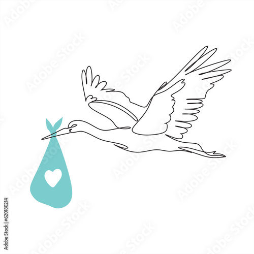 Stork delivering baby. Continuous line art drawing. Stork landing with cradle in beak black linear sketch isolated on white background. Vector illustration