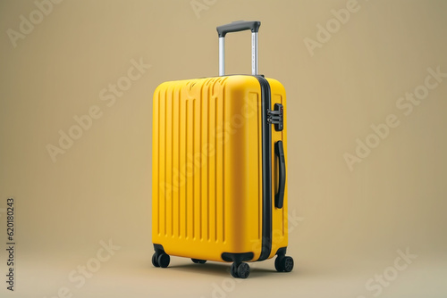 yellow suitcase isolated on brown background. Generative AI