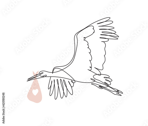 Stork delivering baby. Continuous line art drawing. Stork landing with cradle in beak black linear sketch isolated on white background. Vector illustration