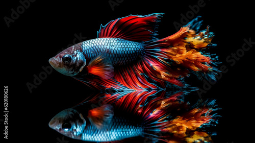 A mesmerizing sight unfolds as a Betta fish poses in a mirrored reflection, displaying its vivid colors and intricate patterns mirrored on the water's surface.