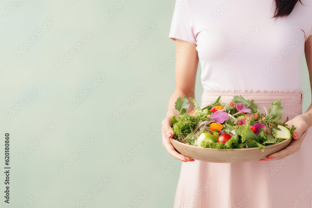 Large plate of fresh healthy vegetable salad in women's hands isolated on pastel green flat background with copy space. Healthy food delivery banner template. Generative AI photo. Large plate of fresh healthy vegetable salad in women's hands isolated on pastel green flat background with copy space. Healthy food delivery banner template. Generative AI photo.