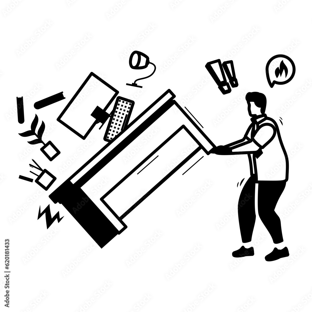 experiencing nervous breakdown throwing furniture and yelling vector icon design,Mood and feeling symbol,Emotional Characters sign, Social issue scene stock illustration, Angry and exasperated concept