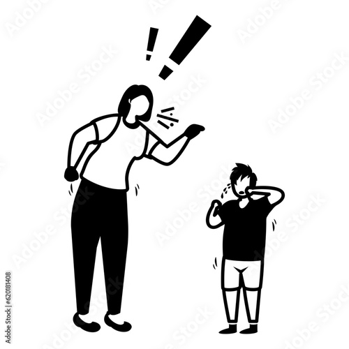 Woman trying to discipline a young girlvector  icon design, Mood and feeling symbol, Emotional Character sign, Social issue scene stock illustration, Angry mother screaming at naughty son concept