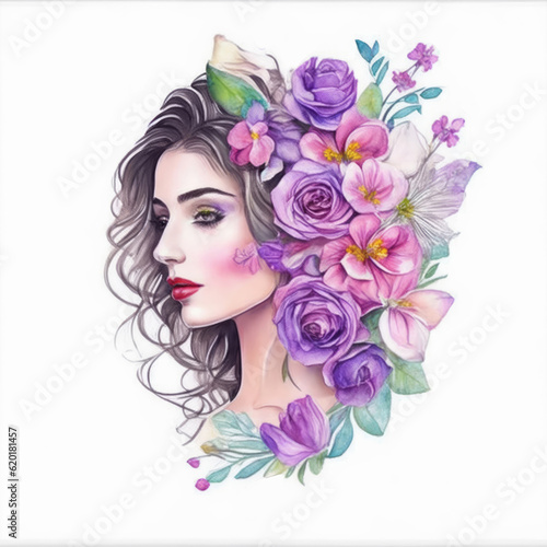 Watercolor female with flowers logo