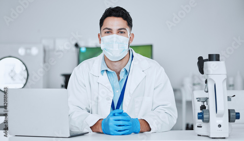 Science  virus and portrait of man in laboratory for research  pharmacy and medical. Test  healthcare and medicine with male scientist and study for wellness  expert and vaccine development