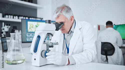 Microscope, pharmacy and research with old man in laboratory for science, medical and vaccine. Chemistry, healthcare and medicine with scientist and study for solution, development and sample results