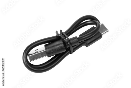 Obraz na plátně Black usb type-c cable on a white background. Black USB cable