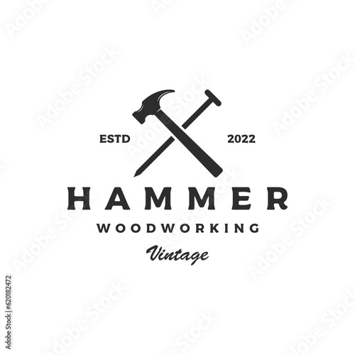 Retro vintage crossed hammer and nails logo template design.Logo for home repair service, carpentry,badges, woodworking.
