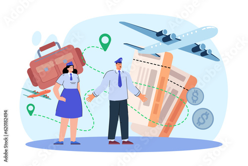 Airline staff shocked at short flight ban vector illustration. Cartoon drawing of pilot, flight attendant, big airplane, boarding passes, flying route. Aviation, ecology, vacation, traveling concept