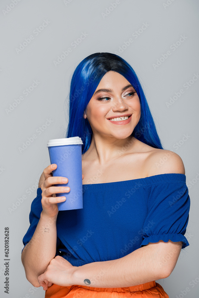 positivity, disposable cup, young woman with blue hair and eyes holding coffee to go on grey background, takeaway, caffeine, energy, tattoo, vibrant color, self expression, individualism positivity, disposable cup, young woman with blue hair and eyes holding coffee to go on grey background, takeaway, caffeine, energy, tattoo, vibrant color, self expression, individualism