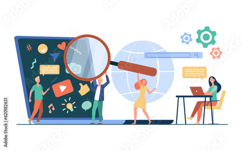 Customer watching online ad on laptop vector illustration. Tiny people with magnifier searching social media and email marketing on computer. Digital marketing, business, advertising concept