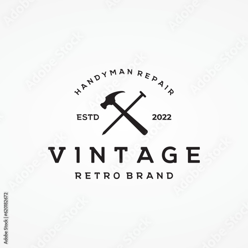 Retro vintage crossed hammer and nails logo template design.Logo for home repair service, carpentry,badges, woodworking.