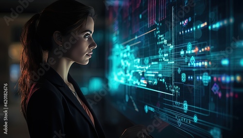 woman coding engineer working on blue light screen, Generative Ai