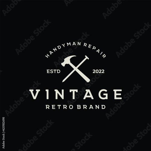 Retro vintage crossed hammer and nails logo template design.Logo for home repair service, carpentry,badges, woodworking.
