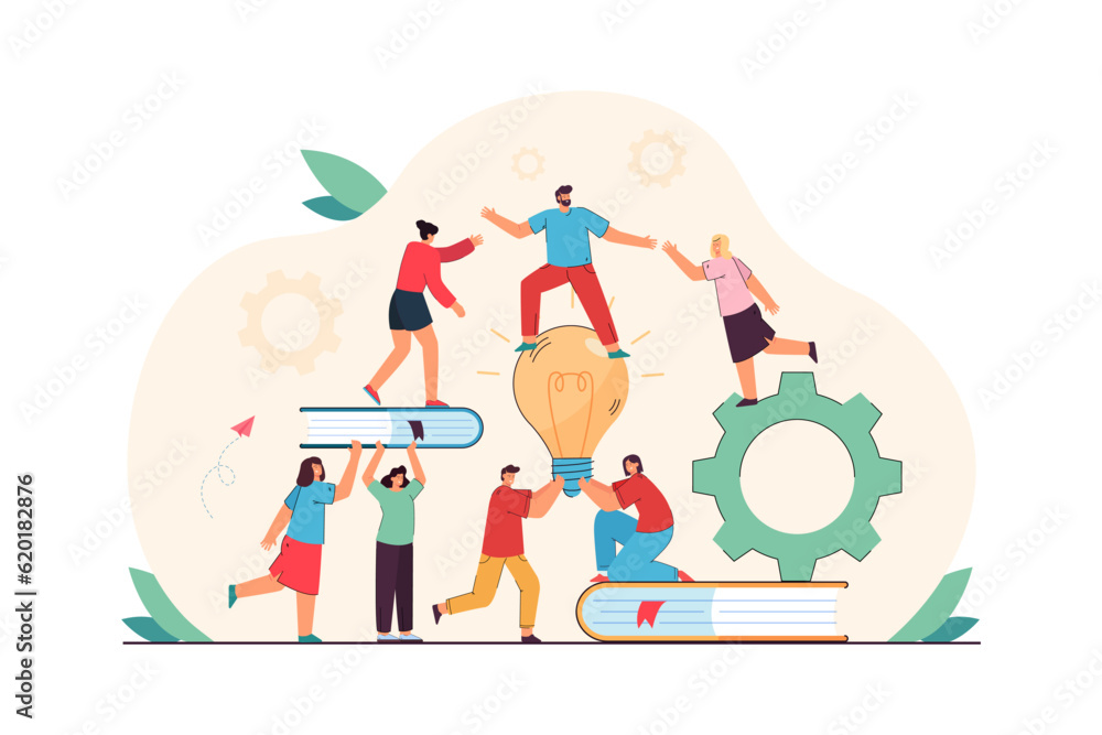 Coworkers supporting each other at work vector illustration. People working together, holding books and lightbulb, helping team leader climb higher. Teamwork, collaboration, business concept Coworkers supporting each other at work vector illustration. People working together, holding books and lightbulb, helping team leader climb higher. Teamwork, collaboration, business concept