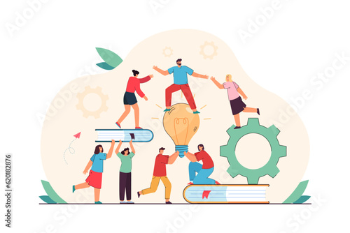 Coworkers supporting each other at work vector illustration. People working together, holding books and lightbulb, helping team leader climb higher. Teamwork, collaboration, business concept