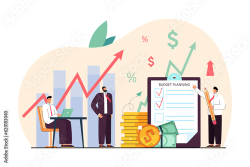 Businessmen planning budget vector illustration. Investors analyzing business plan, checking trading screens and financial indicators, earning money. Investment, finance, stock market concept
