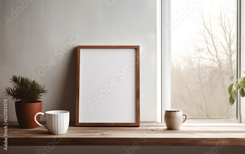 Empty wooden frame mock-up beside a contemporary vase with dried plants, placed on a wooden table in a minimalist interior. Generative AI. © Mauricio