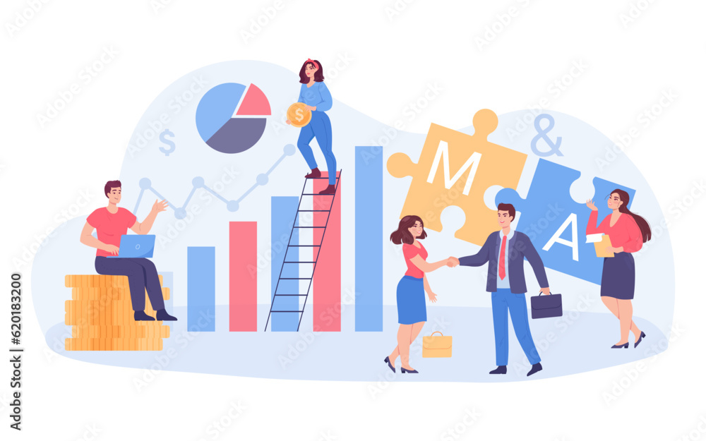 People working on business growth vector illustration. Businessmen investing money, analyzing finance charts, collaborating and expanding market. Business development, entrepreneurship concept
